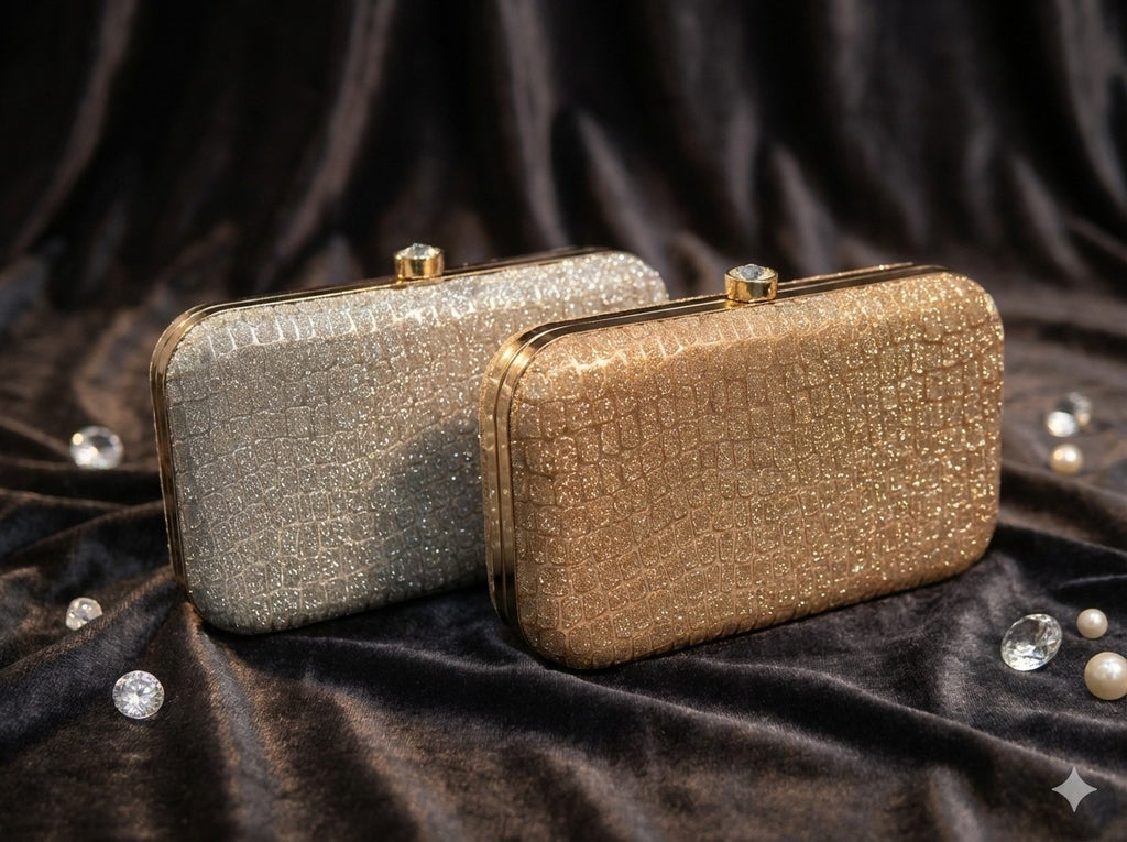 KarryQ Premium Glitter Croco Pattern Box Clutch for Women | Party & Wedding Evening Handbag | Elegant Gold Frame Clutch