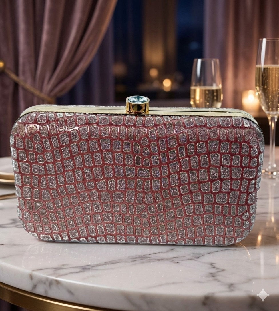 KarryQ Luxe Croc Texture Box Clutch for Women | Premium Party & Wedding Evening Handbag with Metallic Frame