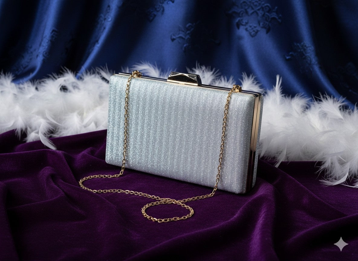 KarryQ Luxe Silver Shimmer Box Clutch for Women | Premium Party, Wedding & Evening Handbag