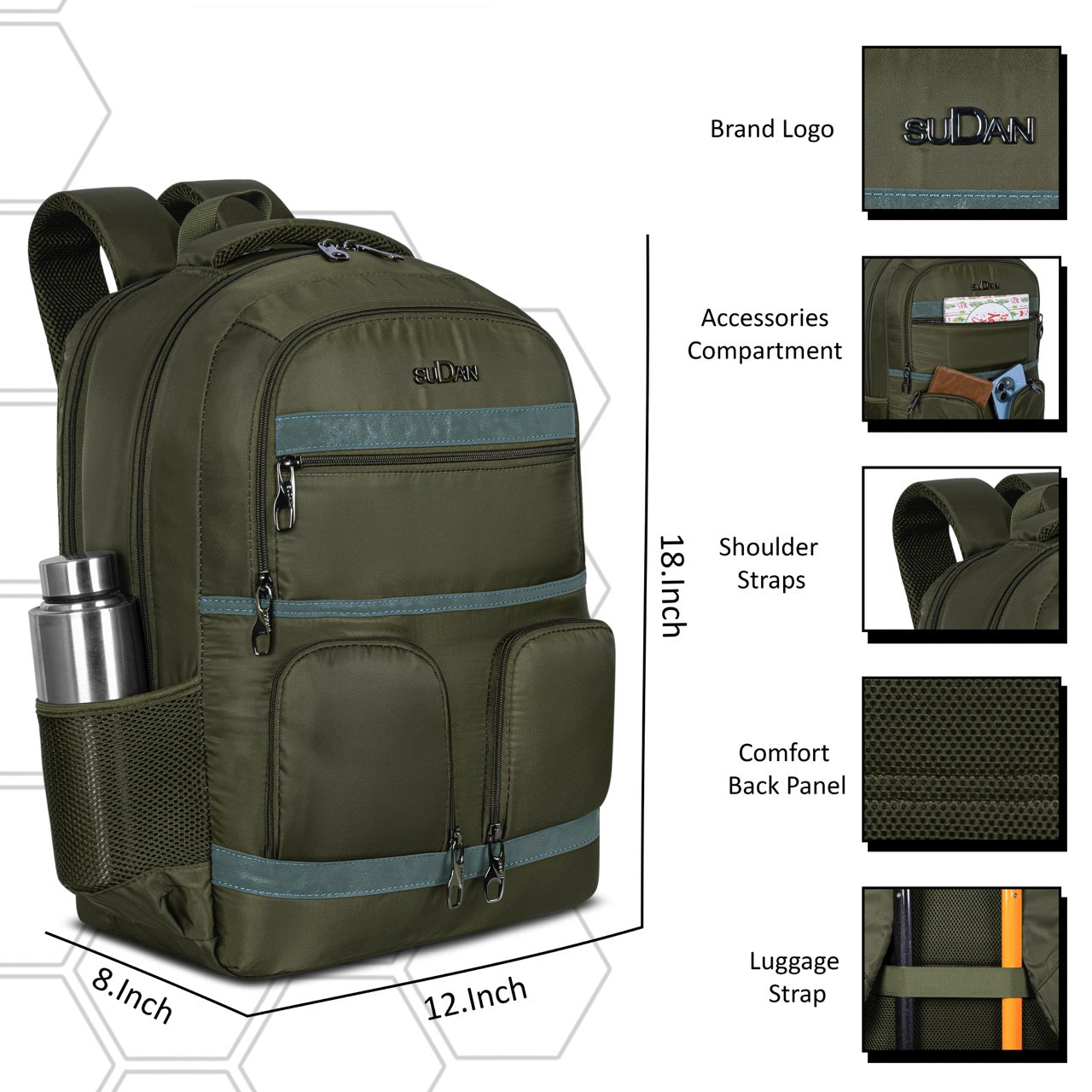 Sudan Large Laptop Backpack for Men & Women | Multi-Compartment College, School, Office & Travel Backpack | Spacious Daily Use Bag with Organizer Pockets & Bottle Holder | Olive Green