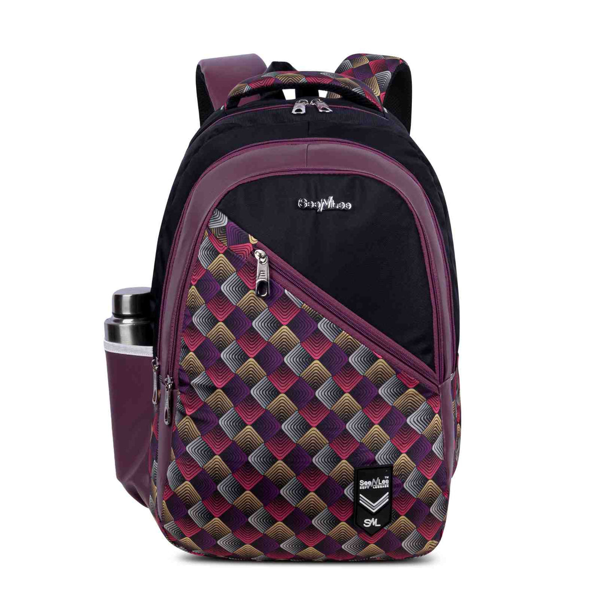 SeeNLee Unisex Printed Laptop Backpack with Multiple Compartments, Quick Access Front Pocket, Bottle Pocket & Padded Shoulder Straps | College, School, Office & Travel Backpack – Black & Wine