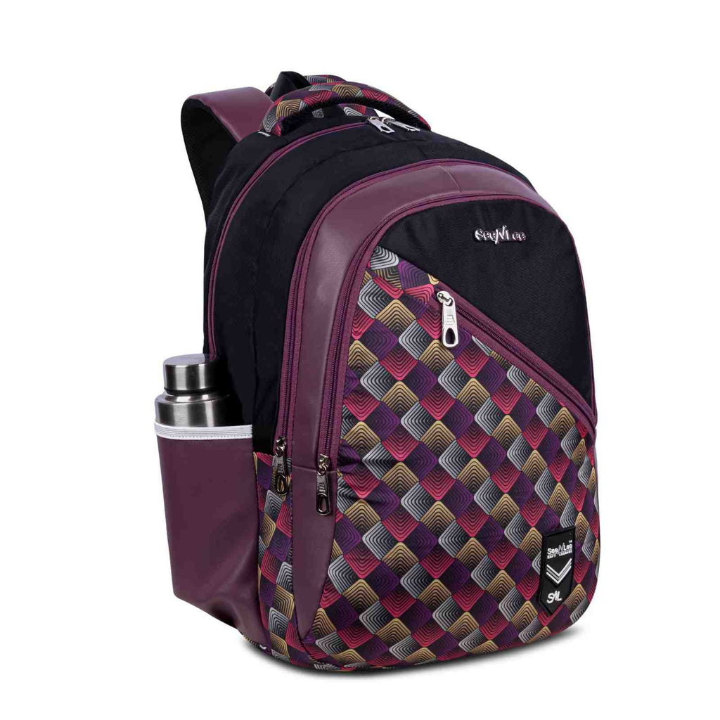SeeNLee Unisex Printed Laptop Backpack with Multiple Compartments, Quick Access Front Pocket, Bottle Pocket & Padded Shoulder Straps | College, School, Office & Travel Backpack – Black & Wine
