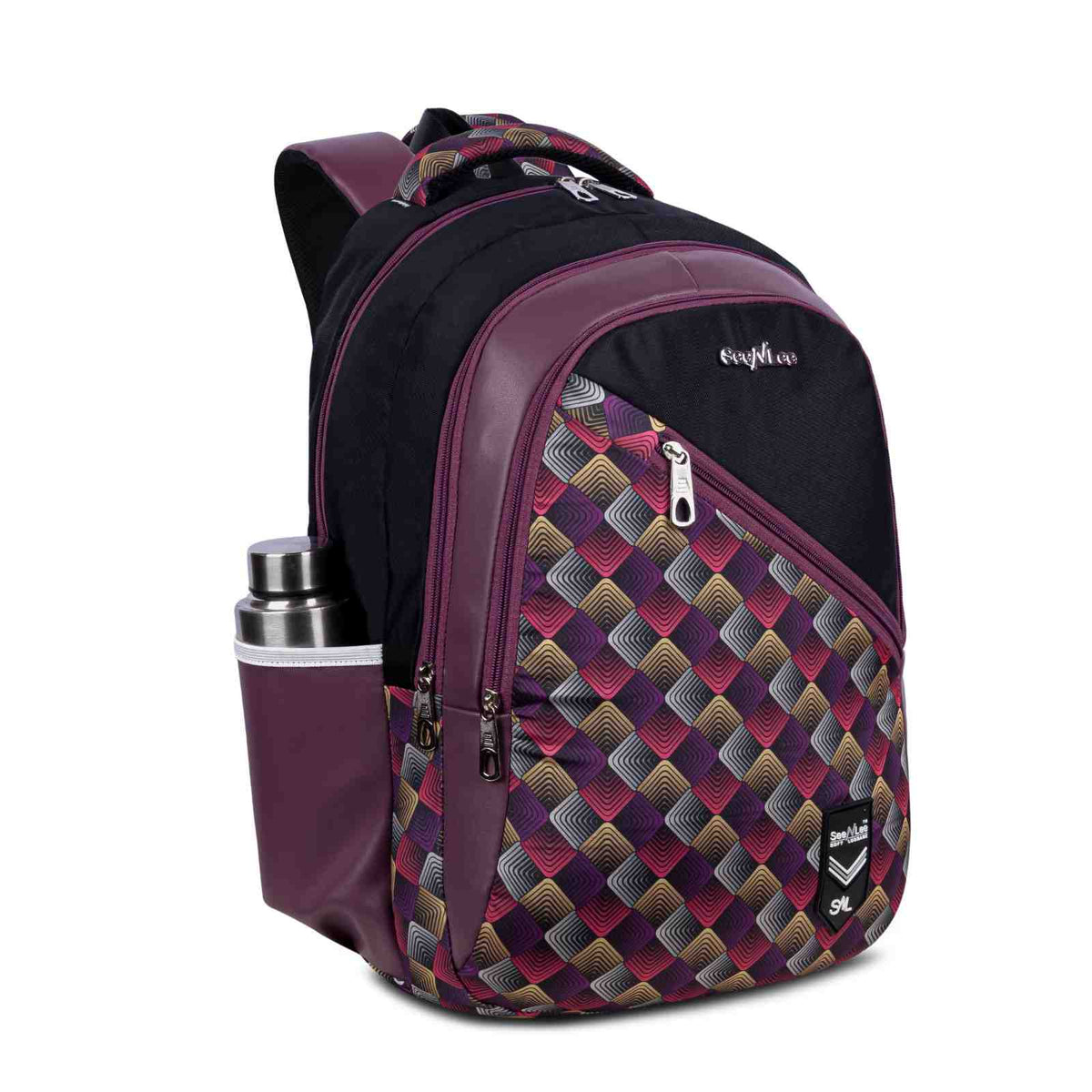 SeeNLee Unisex Printed Laptop Backpack with Multiple Compartments, Quick Access Front Pocket, Bottle Pocket & Padded Shoulder Straps | College, School, Office & Travel Backpack – Black & Wine