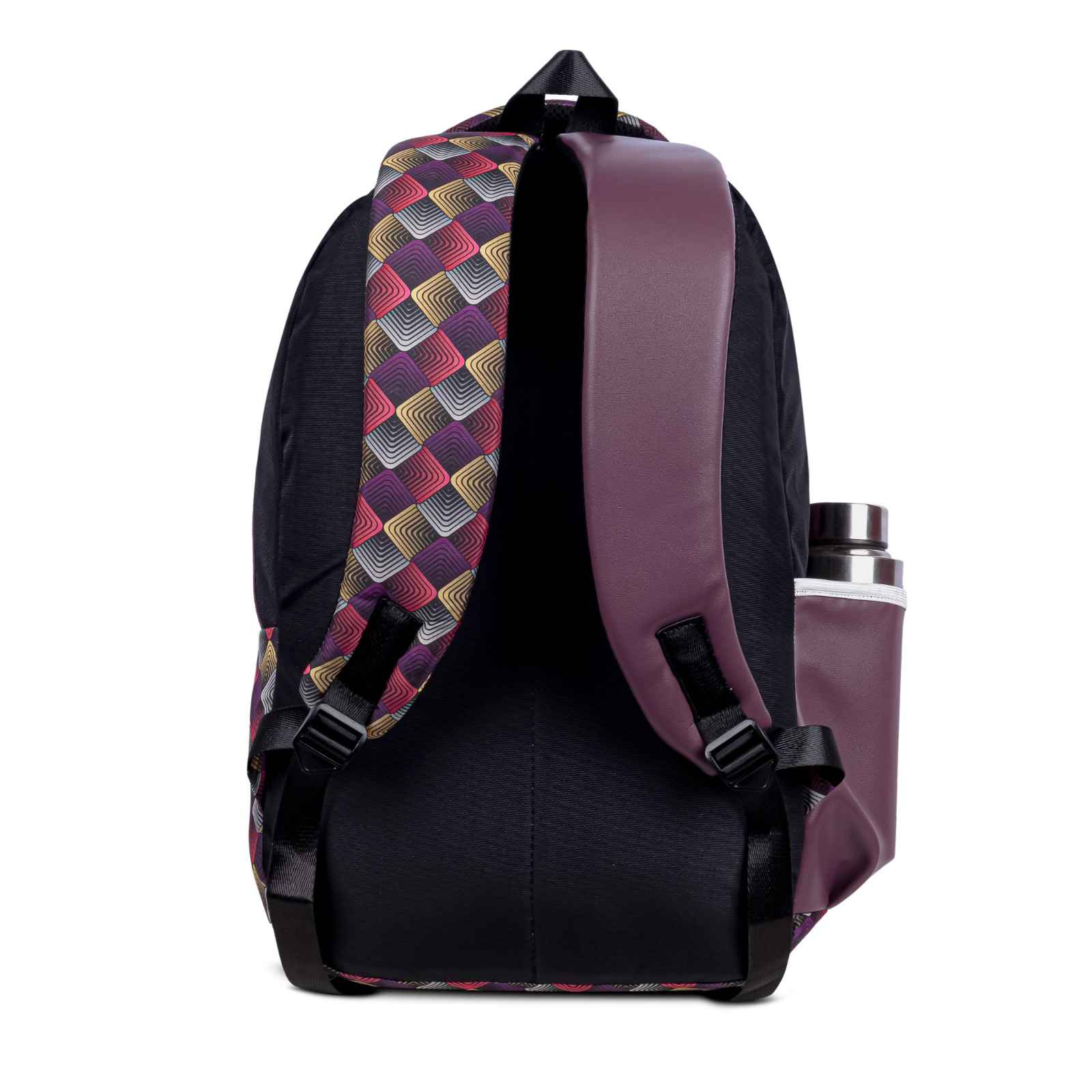 SeeNLee Unisex Printed Laptop Backpack with Multiple Compartments, Quick Access Front Pocket, Bottle Pocket & Padded Shoulder Straps | College, School, Office & Travel Backpack – Black & Wine