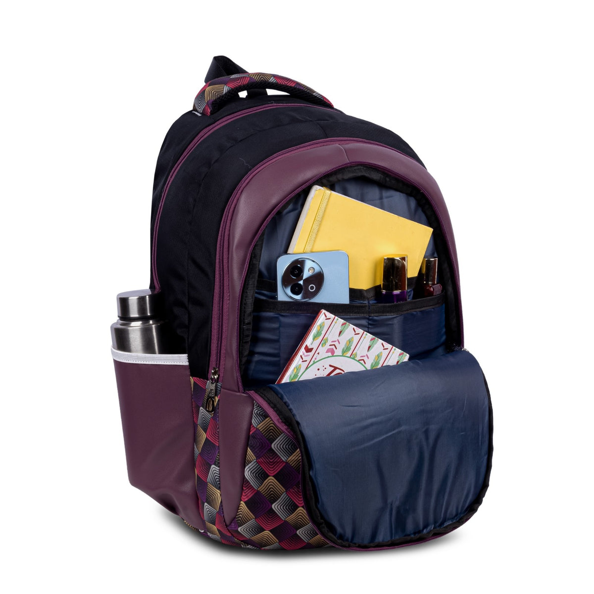 SeeNLee Unisex Printed Laptop Backpack with Multiple Compartments, Bottle Pocket & Padded Shoulder Straps | Spacious College, School, Office & Travel Backpack – Black & Wine