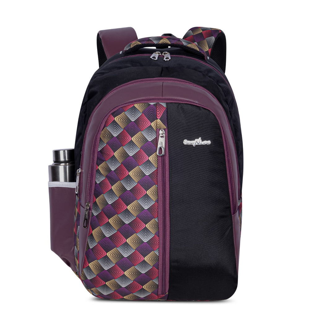 SeeNLee Unisex Printed Laptop Backpack with Multiple Compartments, Bottle Pocket & Padded Shoulder Straps | Spacious College, School, Office & Travel Backpack – Black & Wine