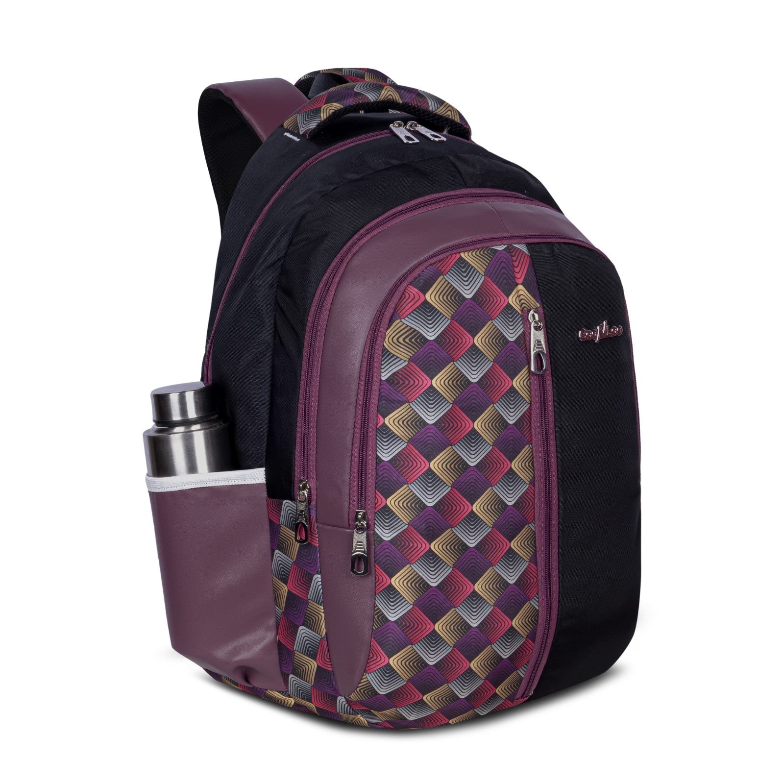 SeeNLee Unisex Printed Laptop Backpack with Multiple Compartments, Bottle Pocket & Padded Shoulder Straps | Spacious College, School, Office & Travel Backpack – Black & Wine