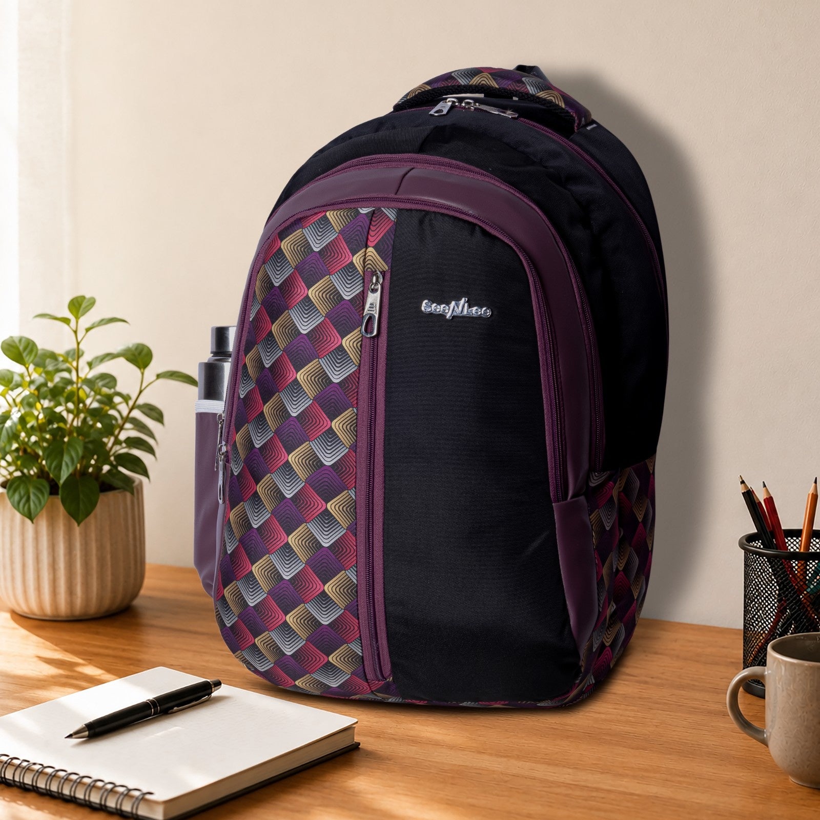 SeeNLee Unisex Printed Laptop Backpack with Multiple Compartments, Bottle Pocket & Padded Shoulder Straps | Spacious College, School, Office & Travel Backpack – Black & Wine