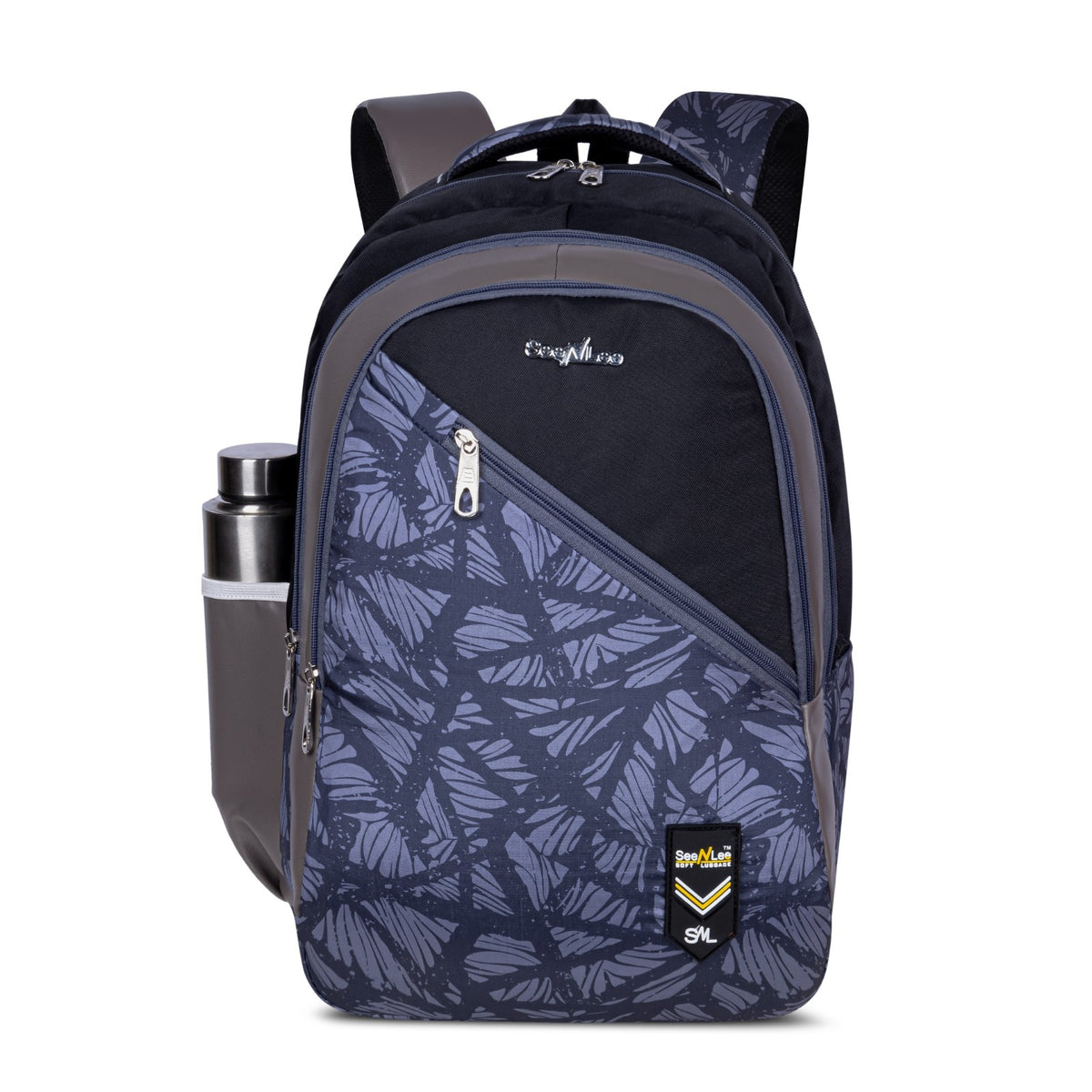 SeeNLee Unisex Printed Laptop Backpack with Multiple Compartments, Quick Access Front Pocket, Bottle Pocket & Padded Shoulder Straps | College, School, Office & Travel Backpack – Navy Blue & Grey