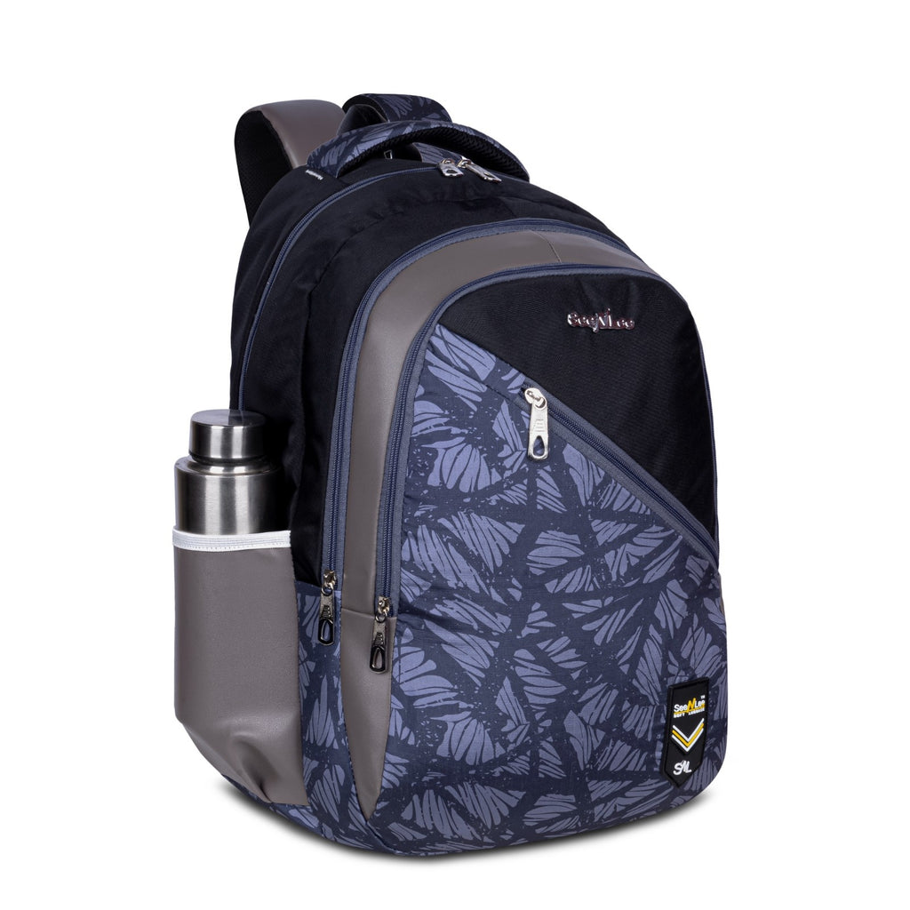 SeeNLee Unisex Printed Laptop Backpack with Multiple Compartments, Quick Access Front Pocket, Bottle Pocket & Padded Shoulder Straps | College, School, Office & Travel Backpack – Navy Blue & Grey