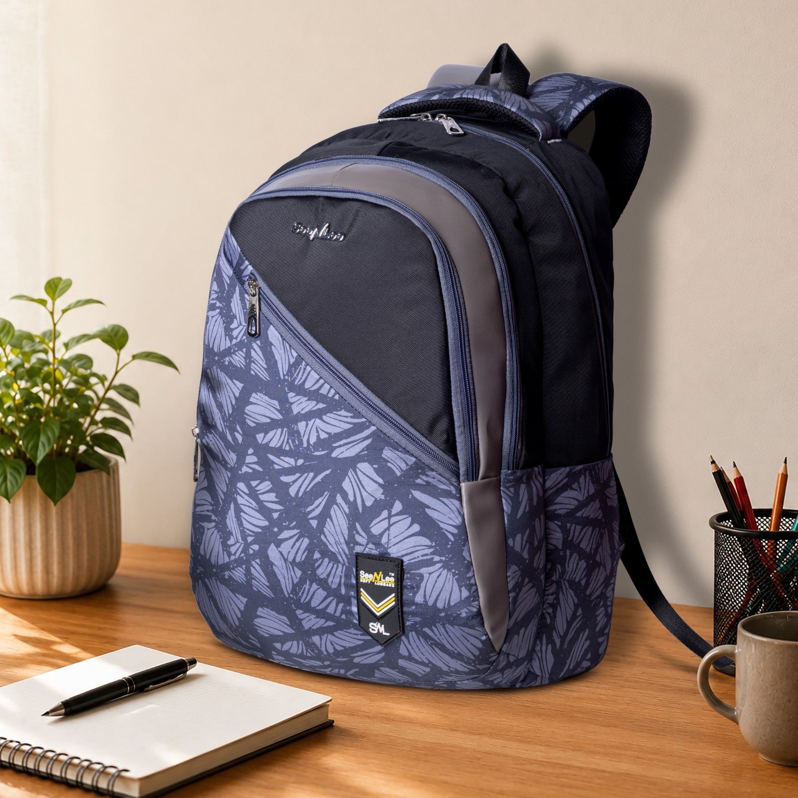 SeeNLee Unisex Printed Laptop Backpack with Multiple Compartments, Quick Access Front Pocket, Bottle Pocket & Padded Shoulder Straps | College, School, Office & Travel Backpack – Navy Blue & Grey
