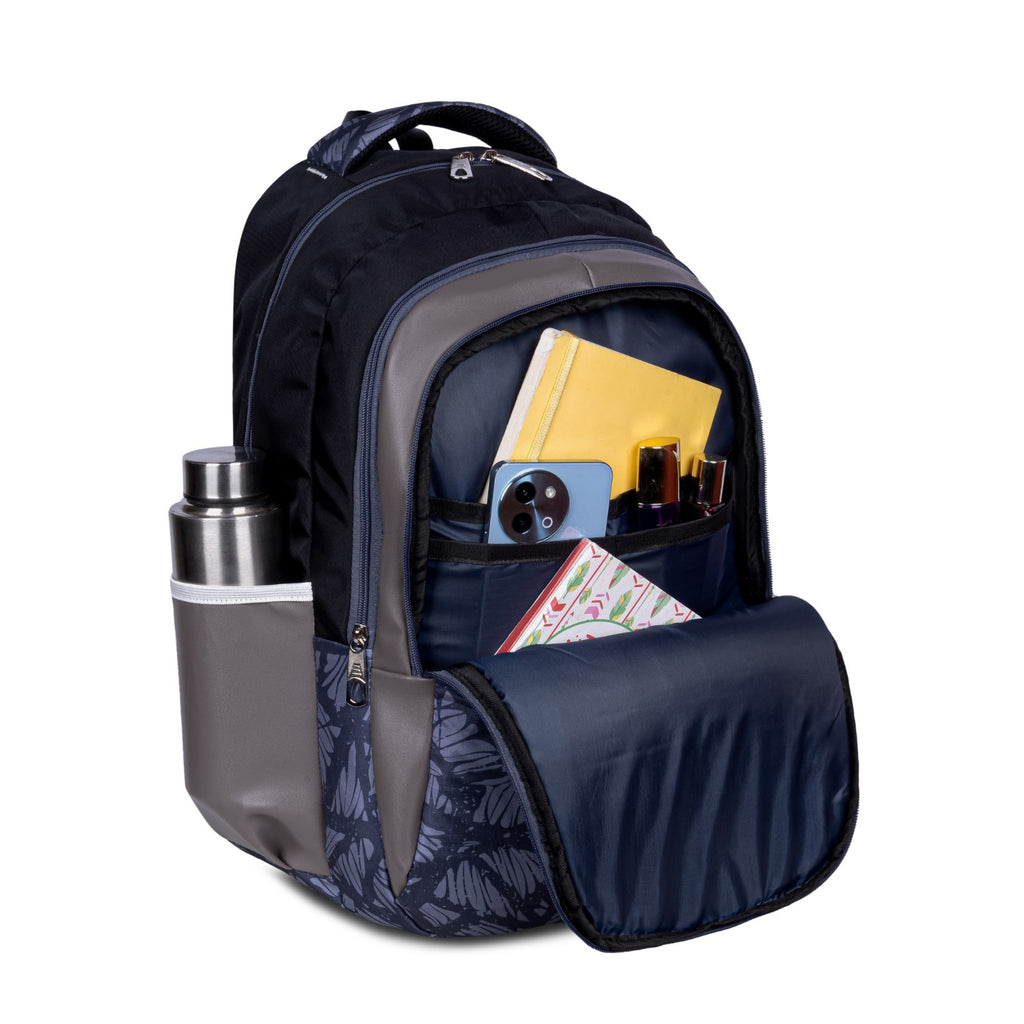 SeeNLee Unisex Printed Laptop Backpack with Multiple Compartments, Quick Access Front Pocket, Bottle Pocket & Padded Shoulder Straps | College, School, Office & Travel Backpack – Navy Blue & Grey