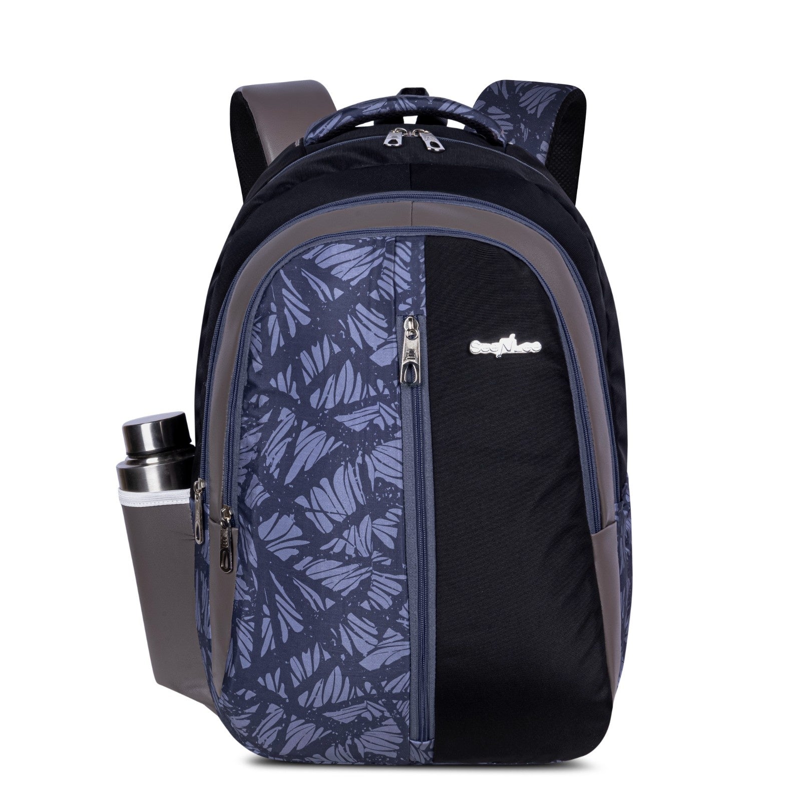 SeeNLee Unisex Printed Laptop Backpack with Multiple Compartments, Bottle Pocket & Padded Shoulder Straps | Spacious College, School, Office & Travel Backpack – Navy Blue, Black & Grey