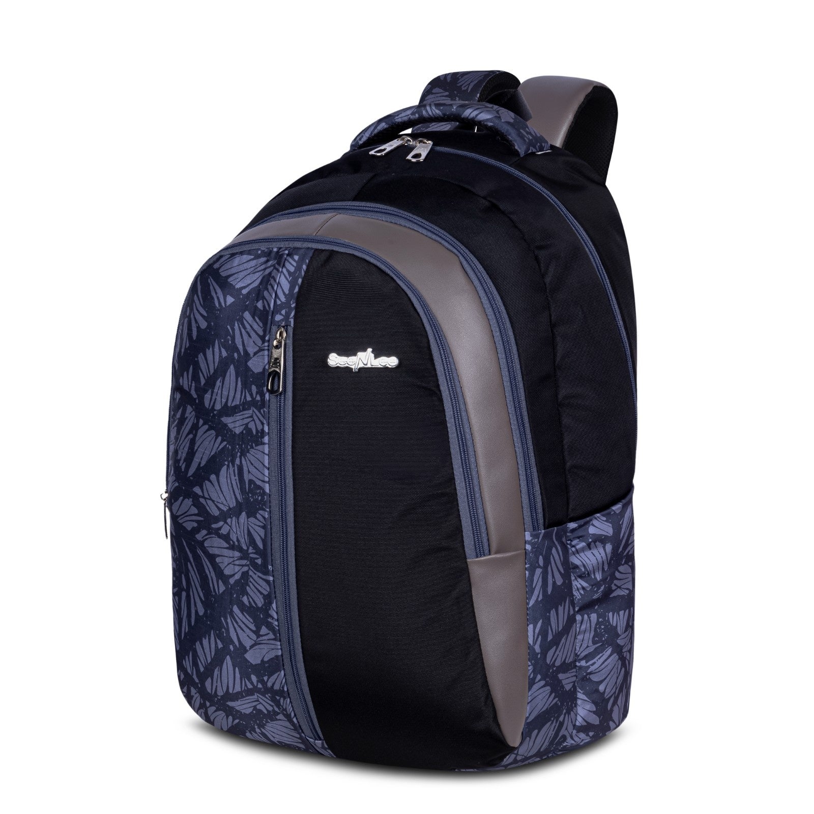 SeeNLee Unisex Printed Laptop Backpack with Multiple Compartments, Bottle Pocket & Padded Shoulder Straps | Spacious College, School, Office & Travel Backpack – Navy Blue, Black & Grey