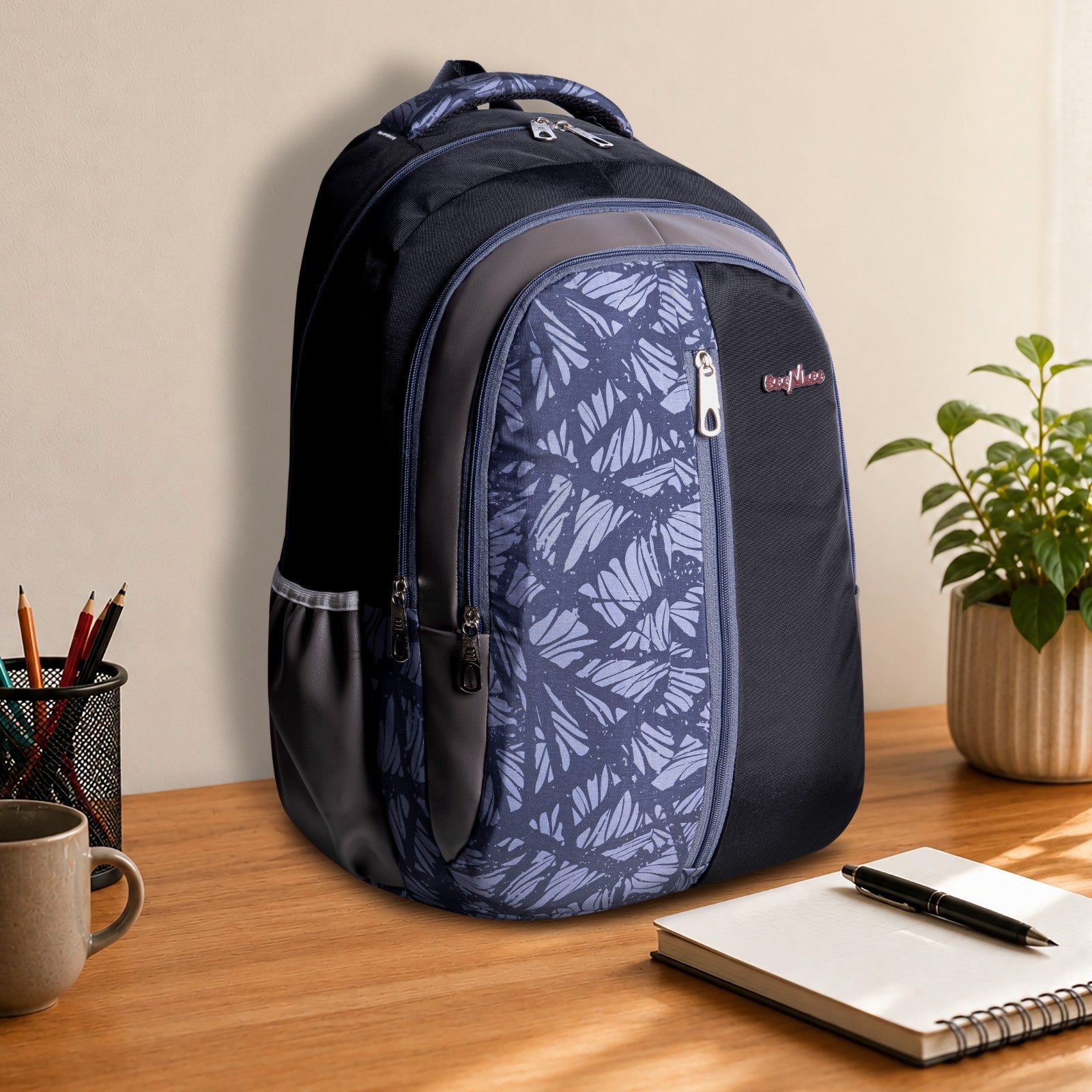 SeeNLee Unisex Printed Laptop Backpack with Multiple Compartments, Bottle Pocket & Padded Shoulder Straps | Spacious College, School, Office & Travel Backpack – Navy Blue, Black & Grey