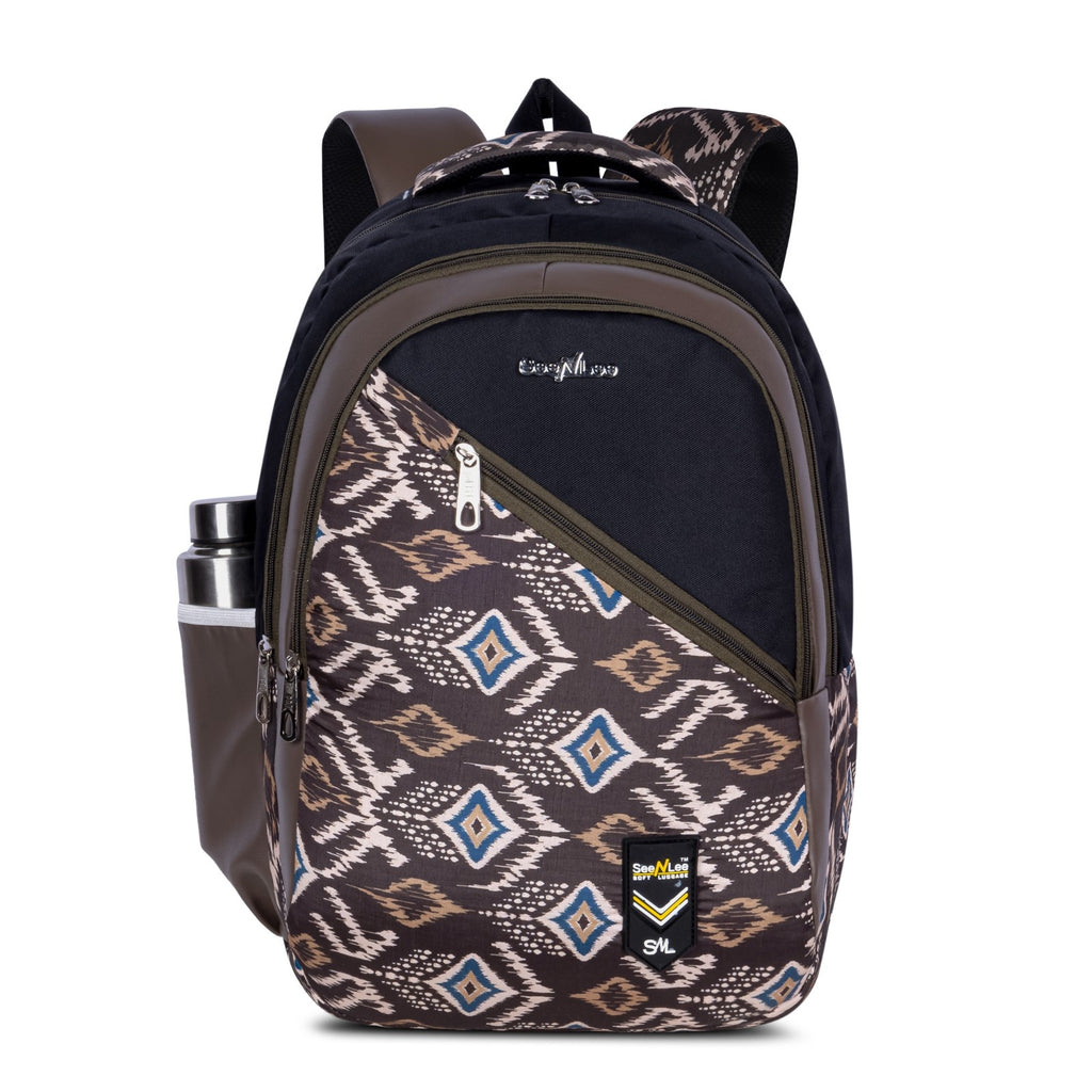 SeeNLee Unisex Printed Laptop Backpack with Multiple Compartments, Quick Access Front Pocket, Bottle Pocket & Padded Shoulder Straps | College, School, Office & Travel Backpack – Black & Brown