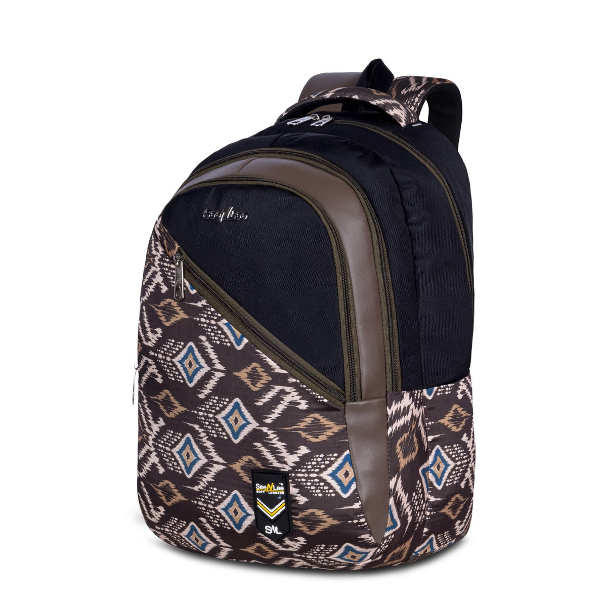 SeeNLee Unisex Printed Laptop Backpack with Multiple Compartments, Quick Access Front Pocket, Bottle Pocket & Padded Shoulder Straps | College, School, Office & Travel Backpack – Black & Brown