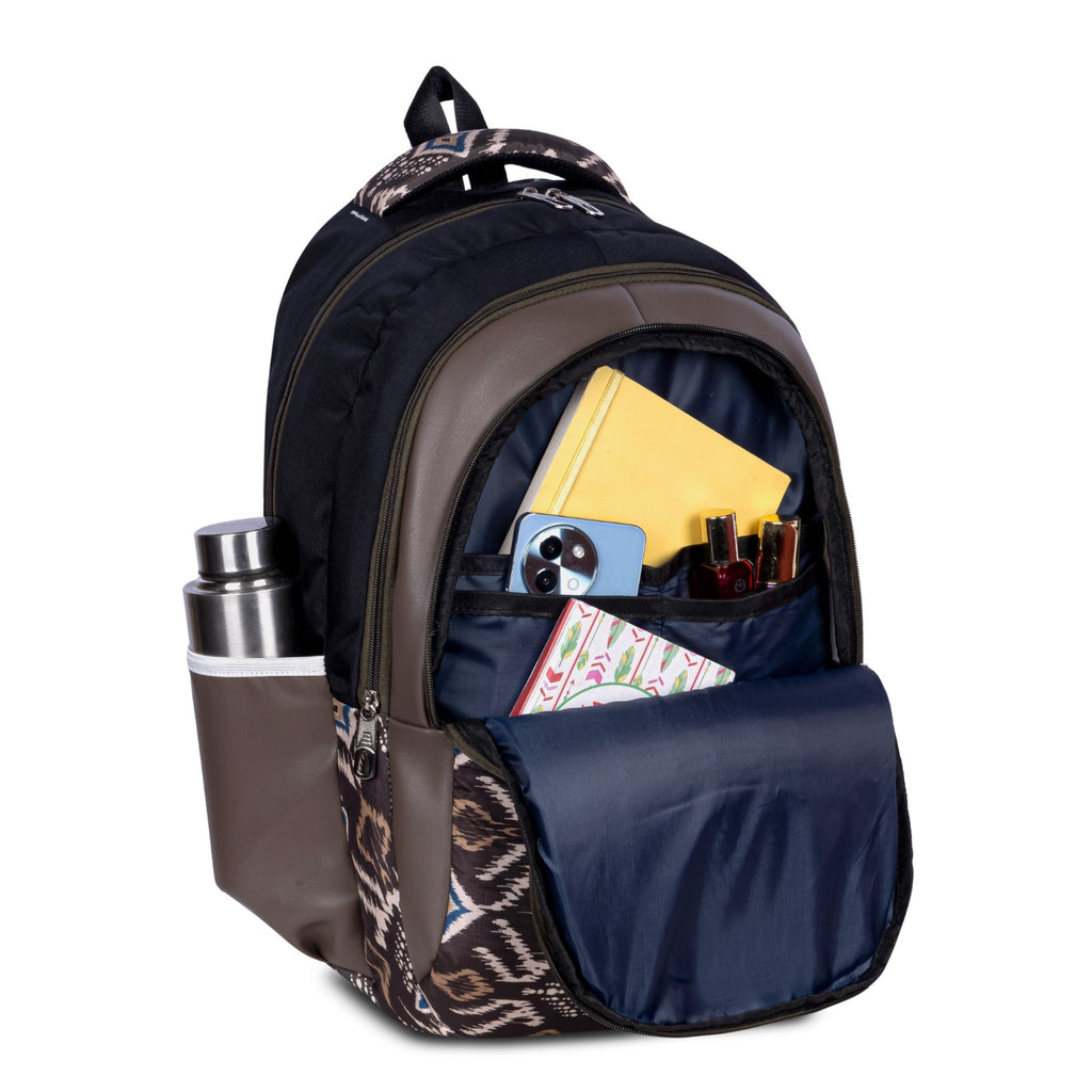 SeeNLee Unisex Printed Laptop Backpack with Multiple Compartments, Quick Access Front Pocket, Bottle Pocket & Padded Shoulder Straps | College, School, Office & Travel Backpack – Black & Brown