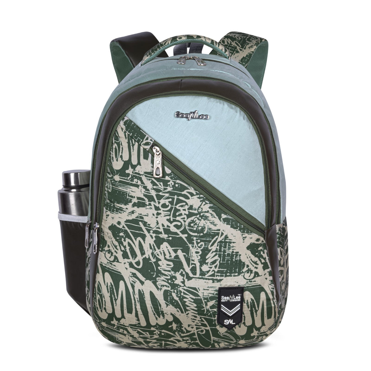 Sage Grey and Green Graffiti Print Backpack for School College with Diagonal Zip and Organiser