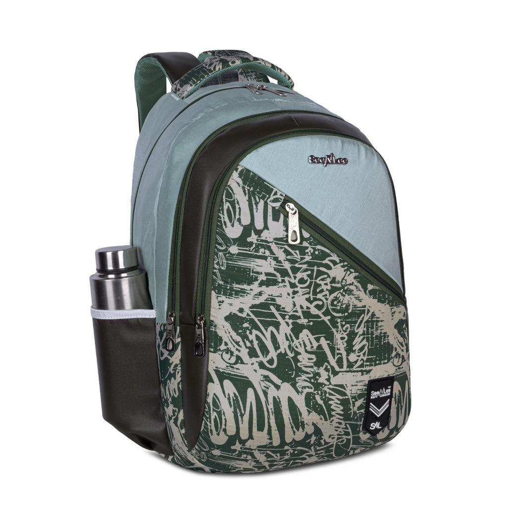 Sage Grey and Green Graffiti Print Backpack for School College with Diagonal Zip and Organiser
