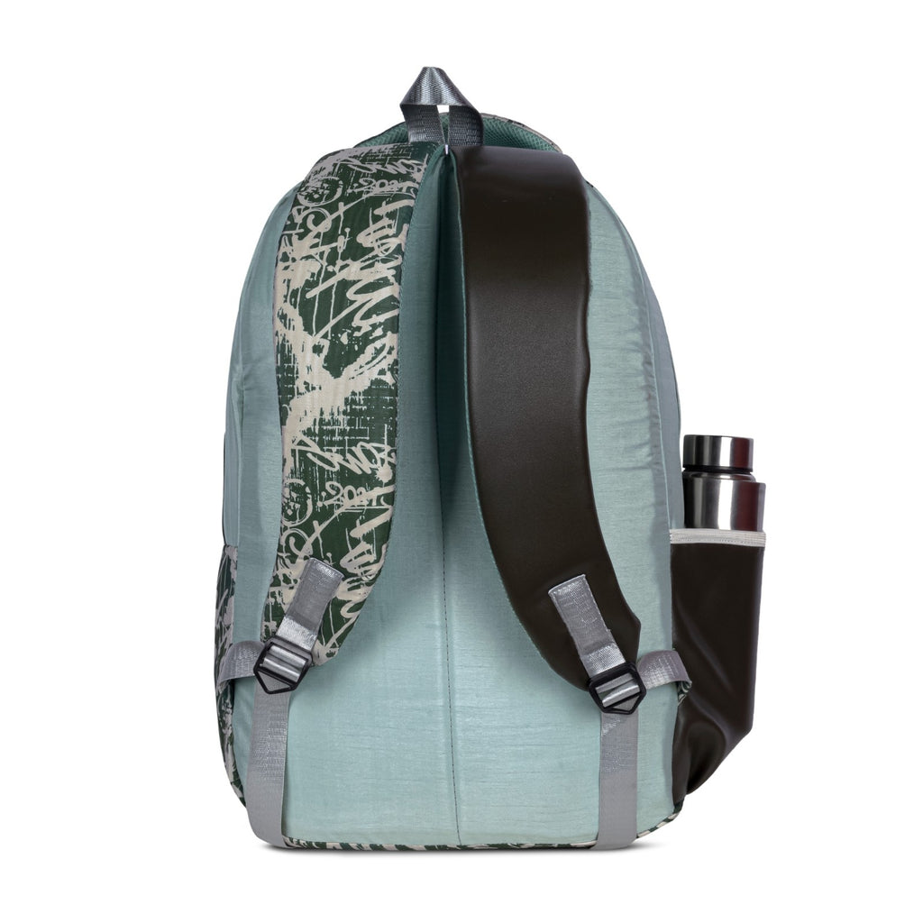 Sage Grey and Green Graffiti Print Backpack for School College with Diagonal Zip and Organiser