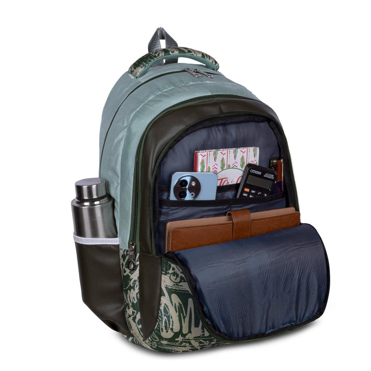Sage Grey and Green Graffiti Print Backpack for School College with Diagonal Zip and Organiser