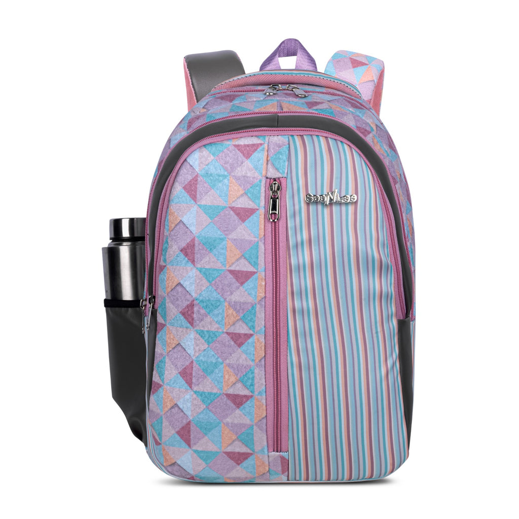 Pastel Stripe and Triangle Print Backpack for School College with Vertical Zip and Organiser