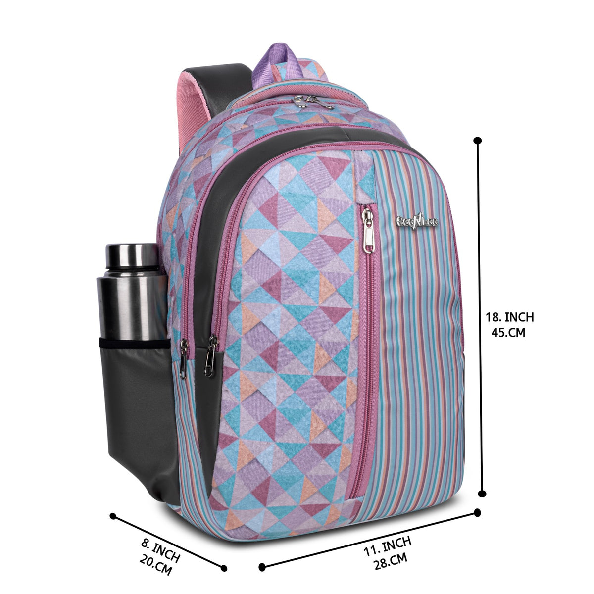Pastel Stripe and Triangle Print Backpack for School College with Vertical Zip and Organiser