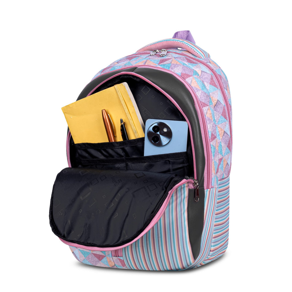 Pastel Stripe and Triangle Print Backpack for School College with Vertical Zip and Organiser