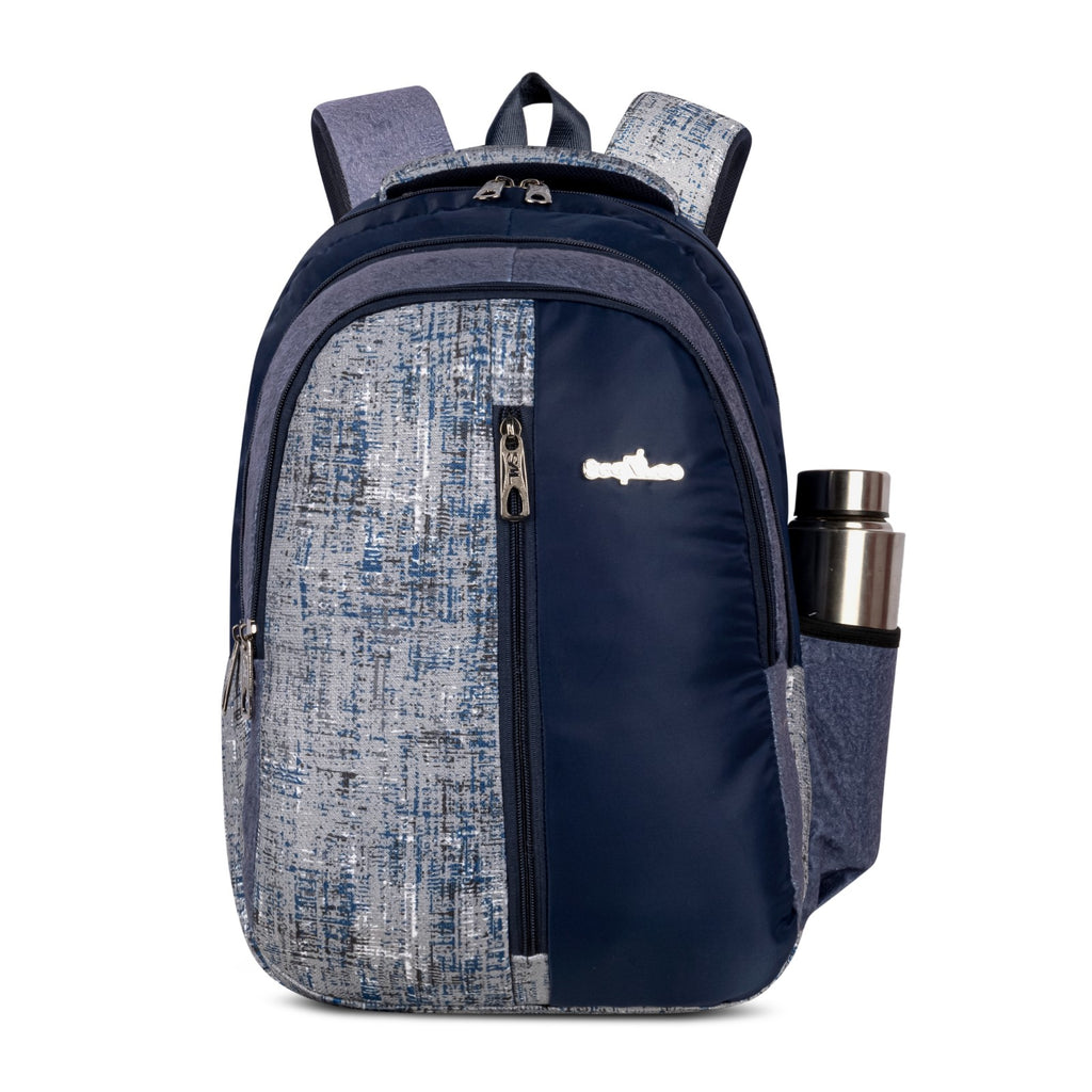 Navy and Blue Grey Crosshatch Print Backpack for School College with Organiser and Bottle Pocket