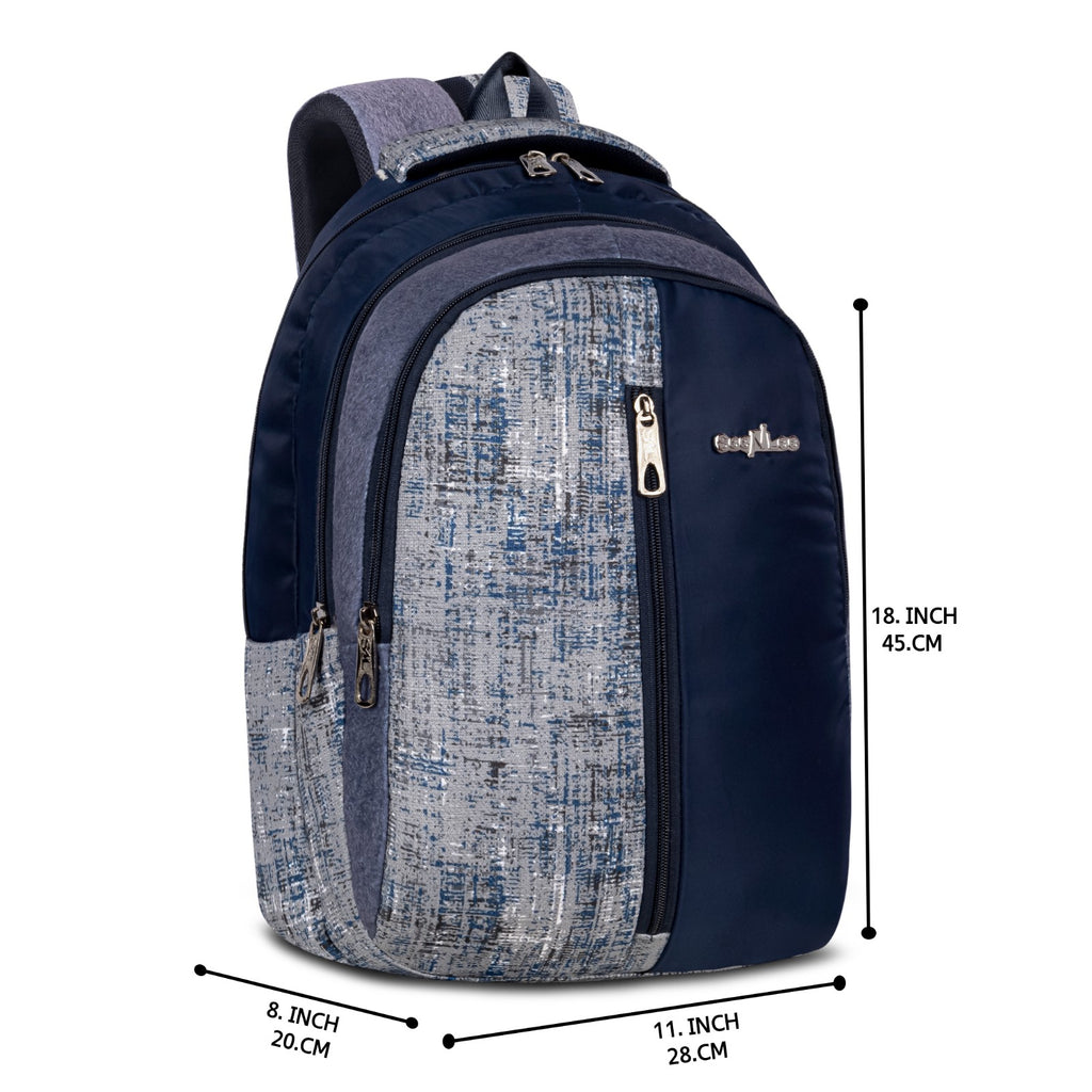 Navy and Blue Grey Crosshatch Print Backpack for School College with Organiser and Bottle Pocket