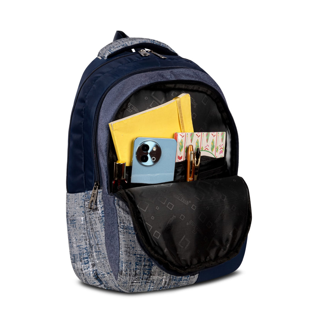 Navy and Blue Grey Crosshatch Print Backpack for School College with Organiser and Bottle Pocket
