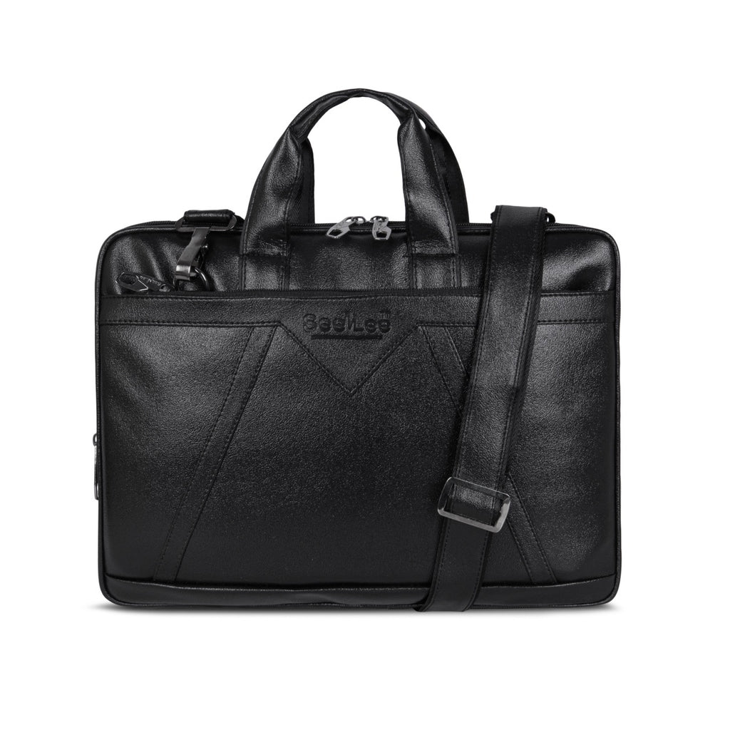 SeeNLee Premium Leather Laptop Bag for Men & Women | 15.6 Inch Office Messenger Briefcase | Water-Resistant Business Laptop Bag with Shoulder Strap | Black