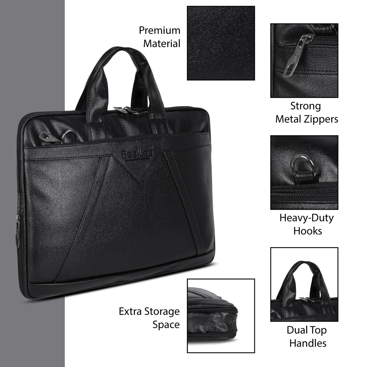 SeeNLee Premium Leather Laptop Bag for Men & Women | 15.6 Inch Office Messenger Briefcase | Water-Resistant Business Laptop Bag with Shoulder Strap | Black