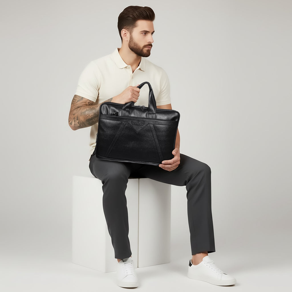 SeeNLee Premium Leather Laptop Bag for Men & Women | 15.6 Inch Office Messenger Briefcase | Water-Resistant Business Laptop Bag with Shoulder Strap | Black