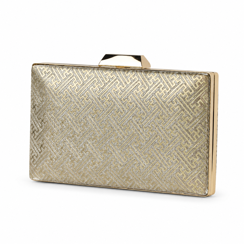 KarryQ Gold Geometric Designer Box Clutch Bag for Women | Shimmer Wedding Party Wear & Evening Clutch Purse