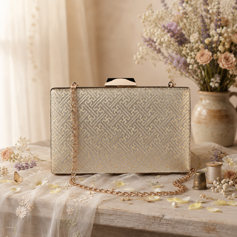 KarryQ Gold Geometric Designer Box Clutch Bag for Women | Shimmer Wedding Party Wear & Evening Clutch Purse