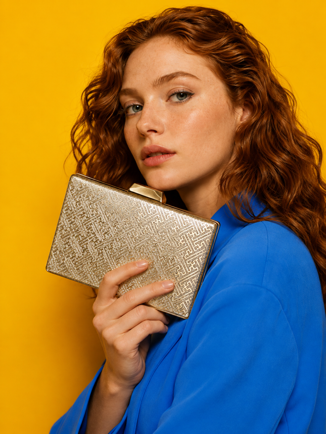 KarryQ Gold Geometric Designer Box Clutch Bag for Women | Shimmer Wedding Party Wear & Evening Clutch Purse