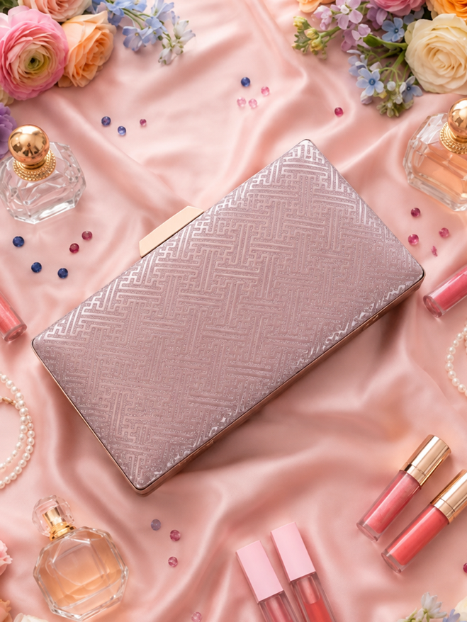 KarryQ Rose Gold Geometric Designer Box Clutch Bag for Women | Shimmer Wedding Party Wear & Evening Clutch Purse