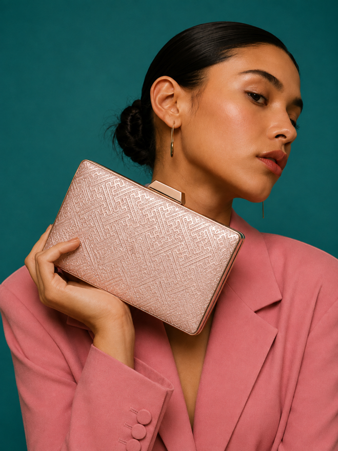 KarryQ Rose Gold Geometric Designer Box Clutch Bag for Women | Shimmer Wedding Party Wear & Evening Clutch Purse