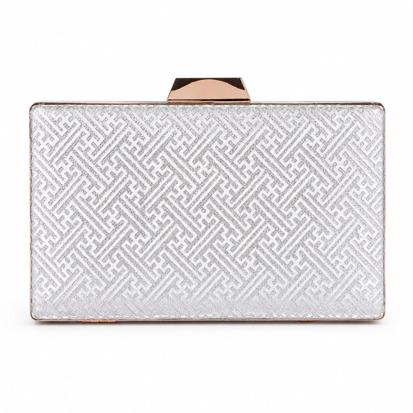 KarryQ Silver Geometric Designer Box Clutch Bag for Women | Shimmer Wedding Party Wear & Evening Clutch Purse