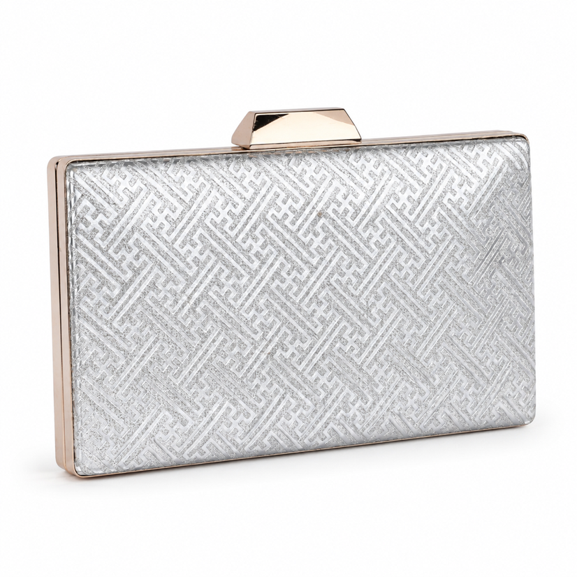 KarryQ Silver Geometric Designer Box Clutch Bag for Women | Shimmer Wedding Party Wear & Evening Clutch Purse