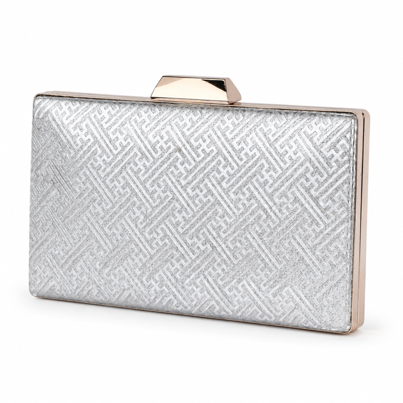 KarryQ Silver Geometric Designer Box Clutch Bag for Women | Shimmer Wedding Party Wear & Evening Clutch Purse