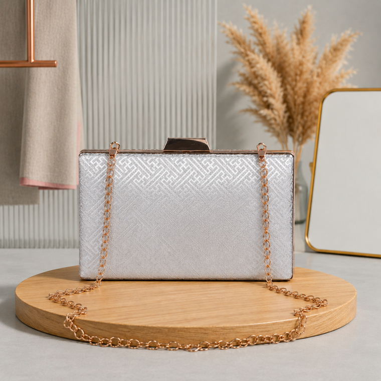 KarryQ Silver Geometric Designer Box Clutch Bag for Women | Shimmer Wedding Party Wear & Evening Clutch Purse