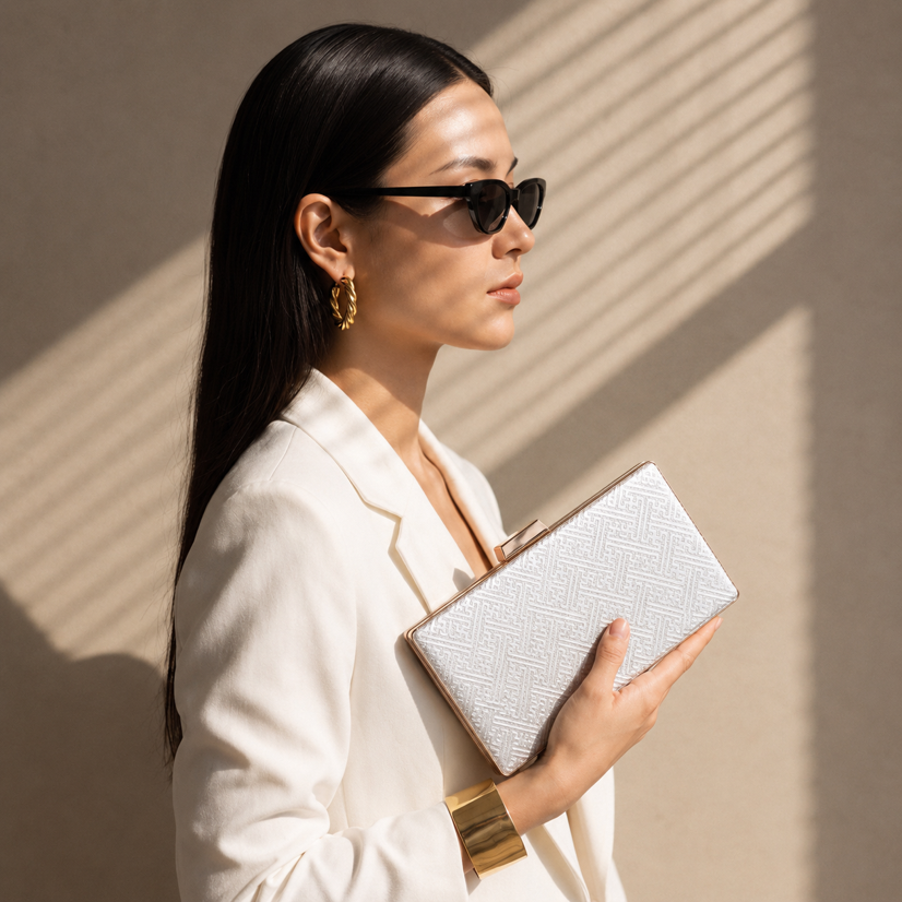 KarryQ Silver Geometric Designer Box Clutch Bag for Women | Shimmer Wedding Party Wear & Evening Clutch Purse