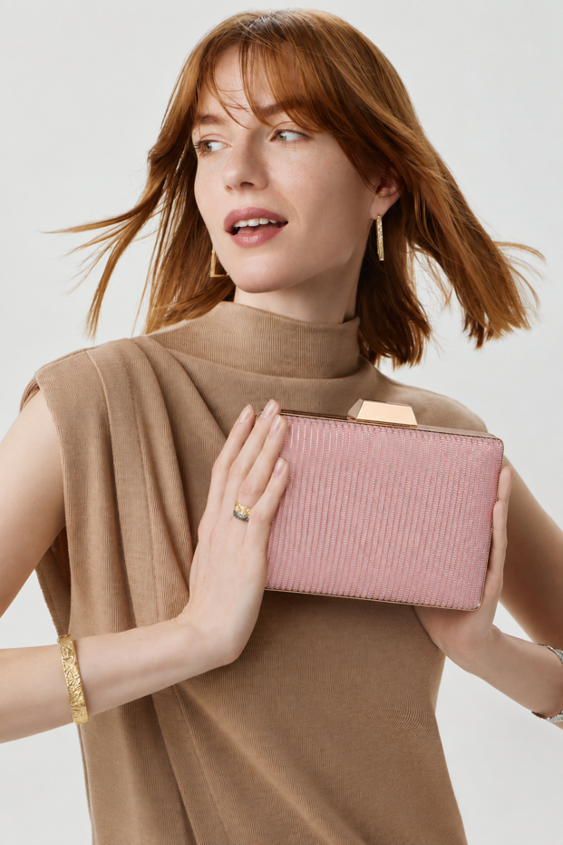 KarryQ Rose Gold Shimmer Box Clutch Bag for Women | Designer Party Wear Wedding & Evening Clutch Purse