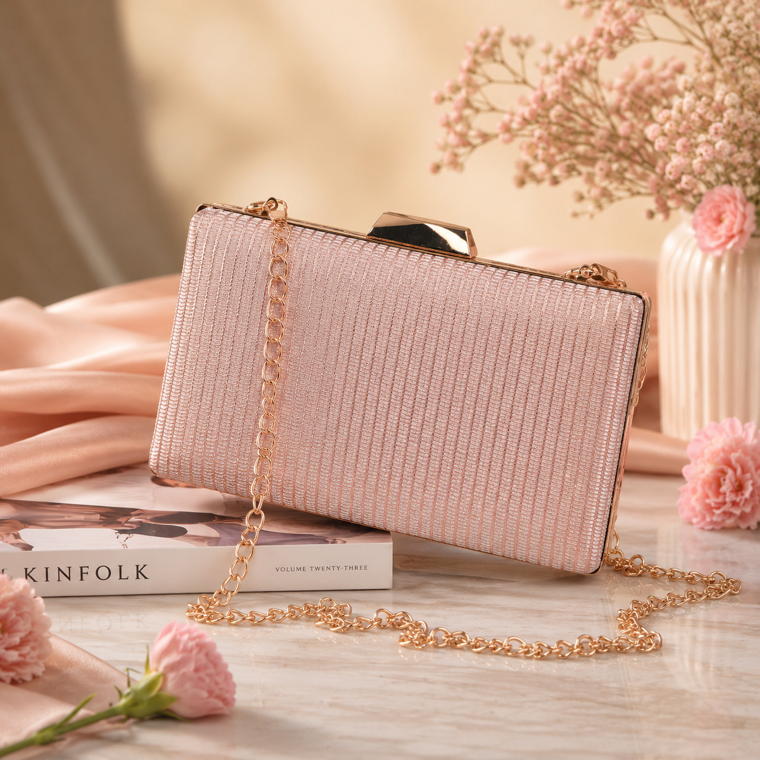KarryQ Rose Gold Shimmer Box Clutch Bag for Women | Elegant Party Wear Wedding & Evening Clutch Purse