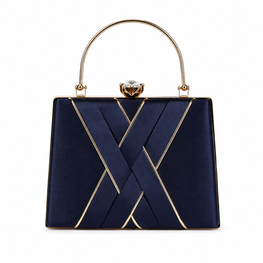 KarryQ Navy Blue Satin Box Clutch Bag for Women | Designer Party & Wedding Handbag with Metal Handle