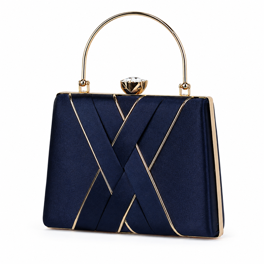 KarryQ Navy Blue Satin Box Clutch Bag for Women | Designer Party & Wedding Handbag with Metal Handle
