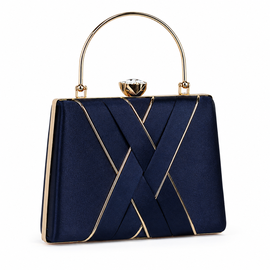 KarryQ Navy Blue Satin Box Clutch Bag for Women | Designer Party & Wedding Handbag with Metal Handle